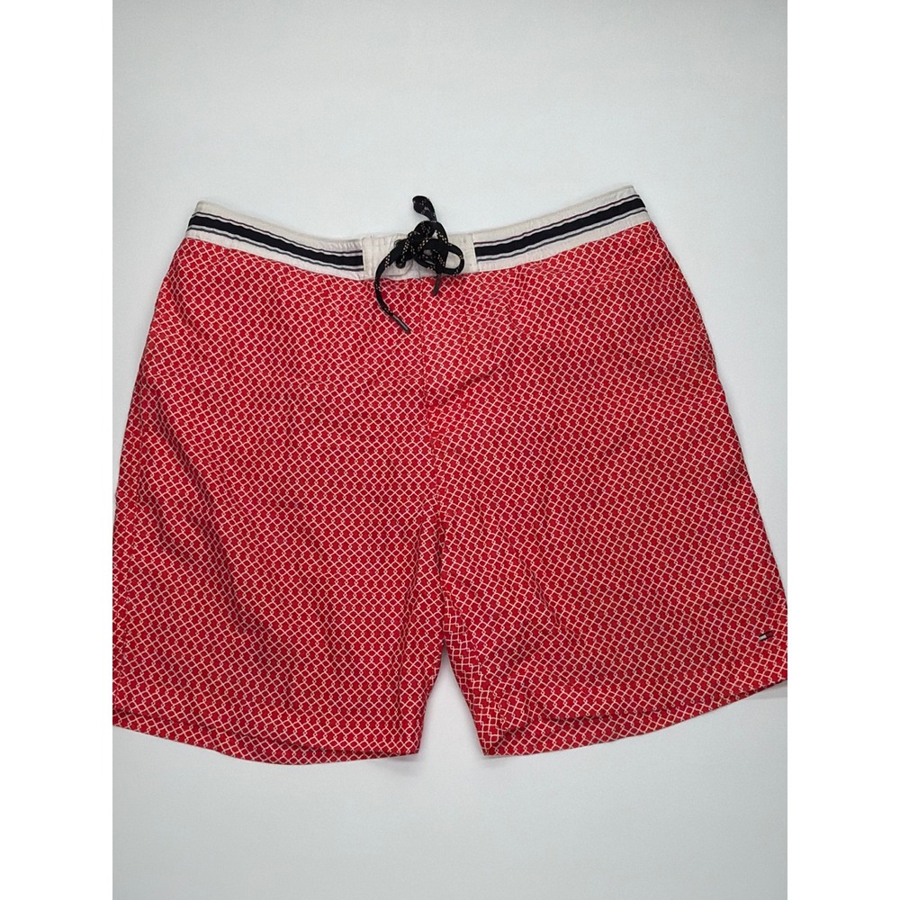 Tommy Hilfiger Mens Red Geometric Diamond Swim Trunks Board Shorts Size Large